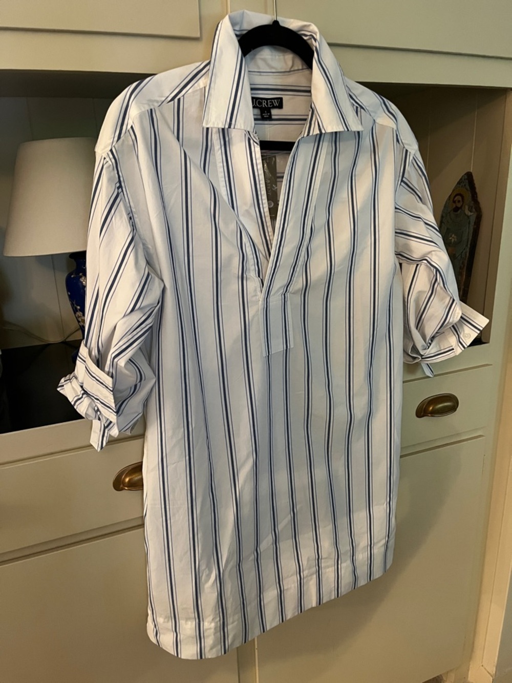 J. Crew White with Blue Vertical Stripes dress